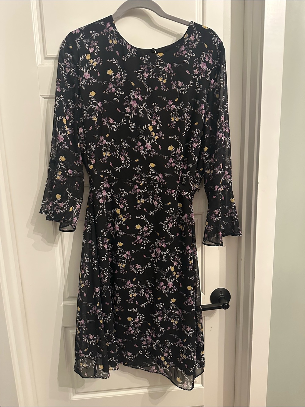 Nine West. Black Floral Tie-Waist Dress with Bell Sleeves. Never worn.